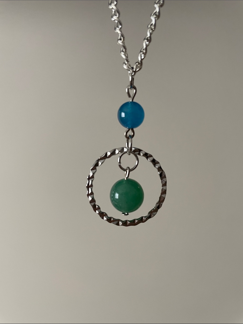 Steel blue jade and green aventurine gemstone hanging hoop necklace